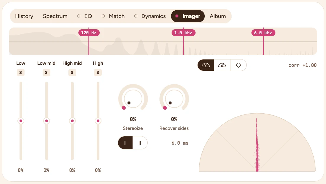 The Imager tab: four width faders, Stereoize and Recover sides, and a polar scope of the stereo field.