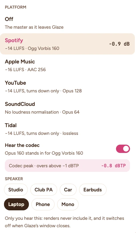 The Listen menu: Spotify picked, Hear the codec on, codec peak −0.8 dBTP, and the Laptop speaker.